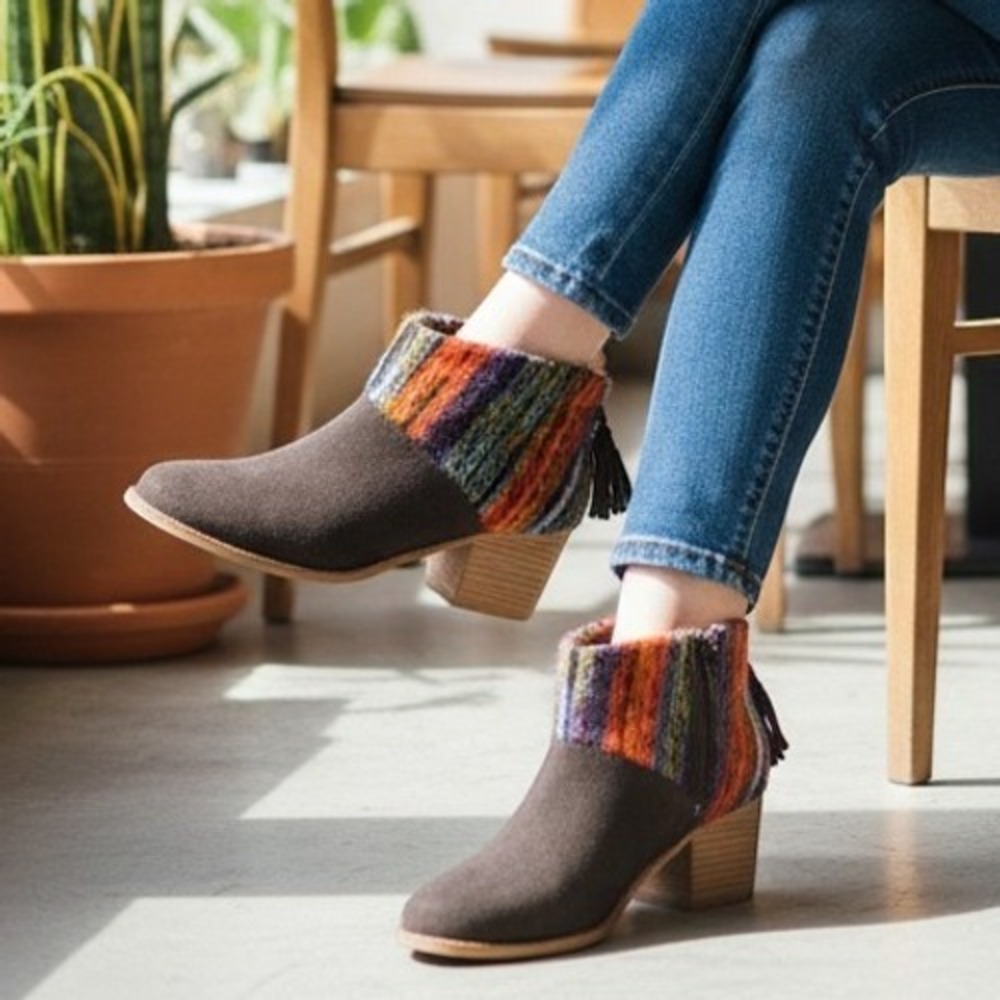 TOMS Leila Womens Ankle Booties Size 7 Boho Suede Woven Block Heel Brown Multi